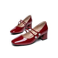 红蜻蜓 女鞋秋季新款时尚简约大气舒适方跟漆皮圆头玛丽珍女鞋