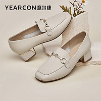 YEARCON 意尔康 女鞋23年春季新款牛皮浅口粗跟通勤鞋乐福鞋单鞋