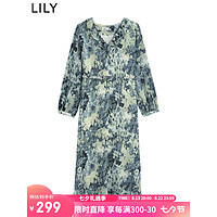 LILY 2022秋新款女装浪漫洋气温柔荷叶花边长袖连衣裙 316叶绿 M