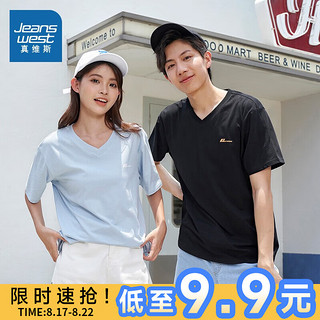 JEANSWEST 真维斯 缺码：真维斯短袖T恤男夏季纯棉V领印花简约男女同款打底衫JW# 黑色2010 S