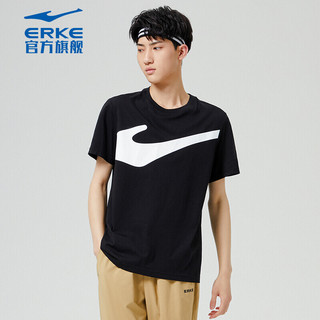 ERKE 鸿星尔克 男士冰感短袖T恤夏季宽松运动上衣男圆领印花体恤衫 51222291062 正黑 XL