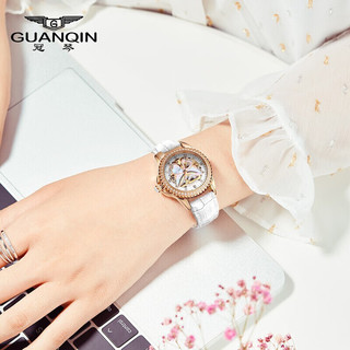 GUANQIN 冠琴 手表女士全自动机械表镂空飞轮型夜光防水陶瓷女表送女友老婆礼物 白皮玫金白面（蝴蝶型）