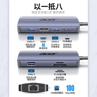 宏碁(acer)8合1 Type-C扩展坞USB-C转HDMI线转换器4K投屏转接头