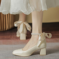 高蒂 2023新款春秋季白色中跟一字玛丽珍女单鞋法式休闲纯色穆勒鞋