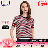 ELLE Active 气质红色格纹短袖t恤女2023夏季新款肌理感棉圆领上衣