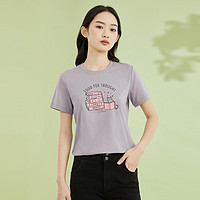 2023年夏季新品纯棉T恤女针织猫咪主题印花圆领短袖T恤女士 XL 淡紫灰（10）