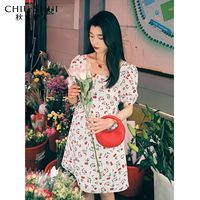 秋水伊人复古方领时尚连衣裙2023夏季新款女装优雅气质设计感裙子