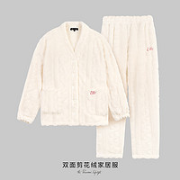 秋冬女士家居服套装保暖V领柔软纯色睡衣内衣 XL 米白+米白