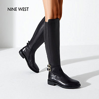 NINE WEST 玖熙 NineWest/玖熙骑士靴女2021年秋冬新款金属饰扣复古圆头牛皮长靴