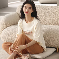 PEANOJEAN睡衣女全棉简约纯棉夏季女士短袖长裤韩版可外穿家居服套装7128 W6402 M