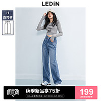 LEDIN 乐町 V型腰牛仔裤直筒裤2023年秋季新款腰部镂空纯棉阔腿女款裤子