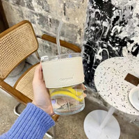 且沐竹节杯吸管杯简约风小清新玻璃杯高颜值水杯牛奶杯办公室咖啡杯 白色+盖+皮套+吸管
