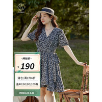 独束大码女装法式围裹式V领碎花连衣裙女夏季新款高腰显瘦茶歇裙 乌梅黑 L