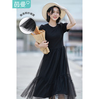 茵曼（INMAN）网纱拼接连衣裙女士夏季新款宽松泡泡袖花边气质伞裙子 午夜黑 S
