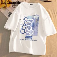 拉夏贝尔 La Chapelle 小熊短袖t恤女2022新款情侣装夏装奶白色女生纯棉半袖潮