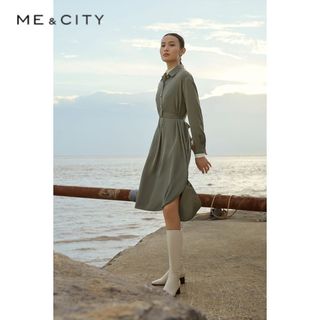 MECITY 女装夏季新款女束腰长袖连衣裙衬衫领