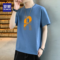 罗蒙(ROMON)纯棉短袖T恤男士夏季新款透气耐磨时尚印花短袖t恤 雾蓝 XL