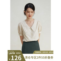 自巧（ZIQIAO）小个子设计感异型娃娃领短袖衬衫女2023新款夏季洋气休闲上衣 珍珠白 1