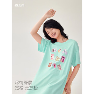 安之伴 睡裙女夏季薄款性感透气宽松版纯棉中长款可外穿短袖圆领女士裙子 A冰兰-女 M