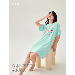 安之伴 睡裙女夏季薄款性感透气宽松版纯棉中长款可外穿短袖圆领女士裙子 A冰兰-女 M