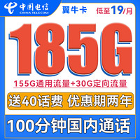 中国电信 翼牛卡 19元/月（155G通用流量+30G定向流量+100分钟通话）