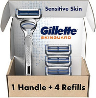 Gillette 吉列 SkinGuard 男士剃须刀和剃须刀刀片，适合敏感的肌肤，手柄 + 4个刀芯