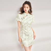 新中式碎花连衣裙女2023新款夏镂空收腰短款改良旗袍裙子女