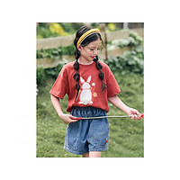 茵曼（INMAN）童装女童短袖t恤中大童洋气打2023夏装新款薄款童装儿童宝宝 复古红 130cm