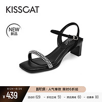 KISSCAT 接吻猫 2023夏季新款方头水钻粗跟鞋通勤轻熟御姐风一字带凉鞋女