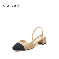 STACCATO 思加图 春季新款小圆头拼色后空凉鞋粗跟浅口单鞋女鞋EDQ02AH2