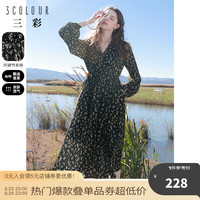 三彩2023春季新款黑色碎花连衣裙V领收腰中长裙内搭裙浪漫优雅女 黑色 预售3.27 155/80A/S