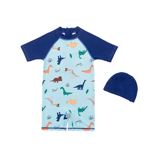迷你巴拉巴拉 男童连体泳衣2022年夏季儿童宝宝短袖泳衣泳帽2件套