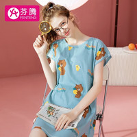 FENTENG 芬腾 睡衣睡裙女纯棉23年夏季新品棉质布朗熊IP款圆领套头家居服女 灰兰 XL