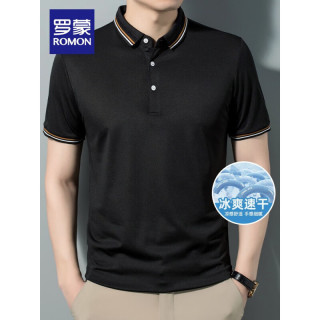 罗蒙（ROMON）冰丝弹力短袖t恤男夏季新款凉感速干Polo中青年百搭翻领T恤 3T509301黑色 175