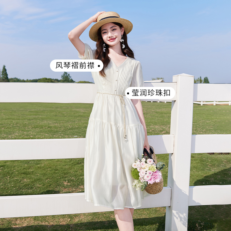 香影 X.YINGv领泡泡袖连衣裙女夏季2023新款压褶莱赛尔法式裙子
