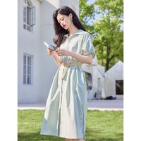 苏醒的乐园100%棉连衣裙女2023新款夏配腰带气质显瘦短袖衬衫裙