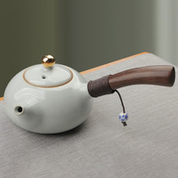 真迹侧把泡茶壶汝窑开片茶壶陶瓷单壶实木把手泡茶器功夫茶具配件 汝窑侧把壶-月白