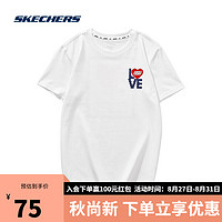 SKECHERS 斯凯奇 短袖男女情侣装纯棉印花休闲百搭舒适针织T恤L121U166 0019亮白色 XXL