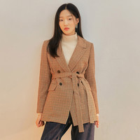 秋女式双排扣格子腰带大衣毛呢外套 L 格子