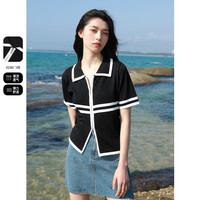 23夏季新款撞色翻领针织衫修身短款开衫胖MM上衣
