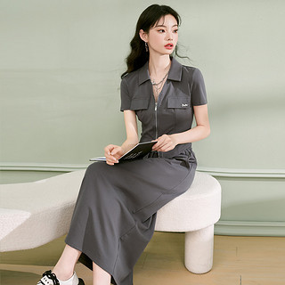 西遇商场同款韩系休闲女式套装女2023新款翻领短上衣搭半身裙 XL 灰色
