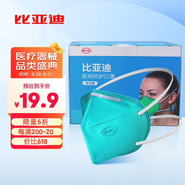 Polestar 极星 比亚迪(BYD) N95医用口罩 五层立体头戴式细菌过滤99% 20只独立包装