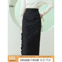 范思蓝恩23FS11067 新中式黑色提花半身裙女春秋高腰直筒开叉裙子 黑色 M