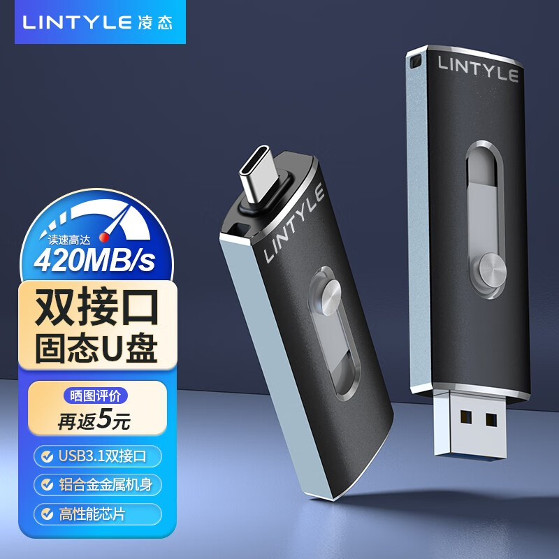 LINTYLE 凌态 移动固态盘3.2接口-双接口手机电脑两用金属高速U盘 读速450M/S大 256GUSB3.2