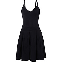 dzzit地素夏季气质黑色针吊带V领连衣裙时髦收腰小黑裙