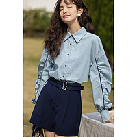 设计感小众衬衣女装2023春季韩版宽松长袖抽褶蓝色衬衫 S 蓝色
