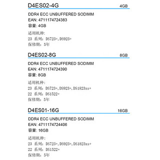 Synology 群晖 内存条 DDR4系列SODIMM内存模块 提升NAS运行速度 D4ES02-4G