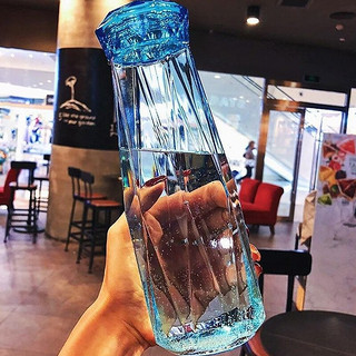 米奇啵啵（mikibobo）钻石玻璃杯 炫彩学生防漏带盖水瓶菱形韩版清新随手水杯 蓝色（7.5*21.5cm)