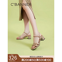 C.BANNER 千百度 女鞋2023年夏季时装凉鞋舒软休闲一字带粗跟羊皮高跟鞋A23315904