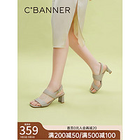 C.BANNER 千百度 女鞋2023夏季时装凉鞋高跟凉鞋一字式扣带粗跟通勤真皮A23330202